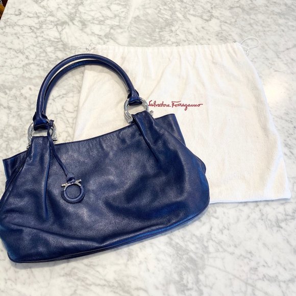 Salvatore Ferragamo Handbags - Salvatore Ferragamo Navy Leather Shoulder Hobo Bag